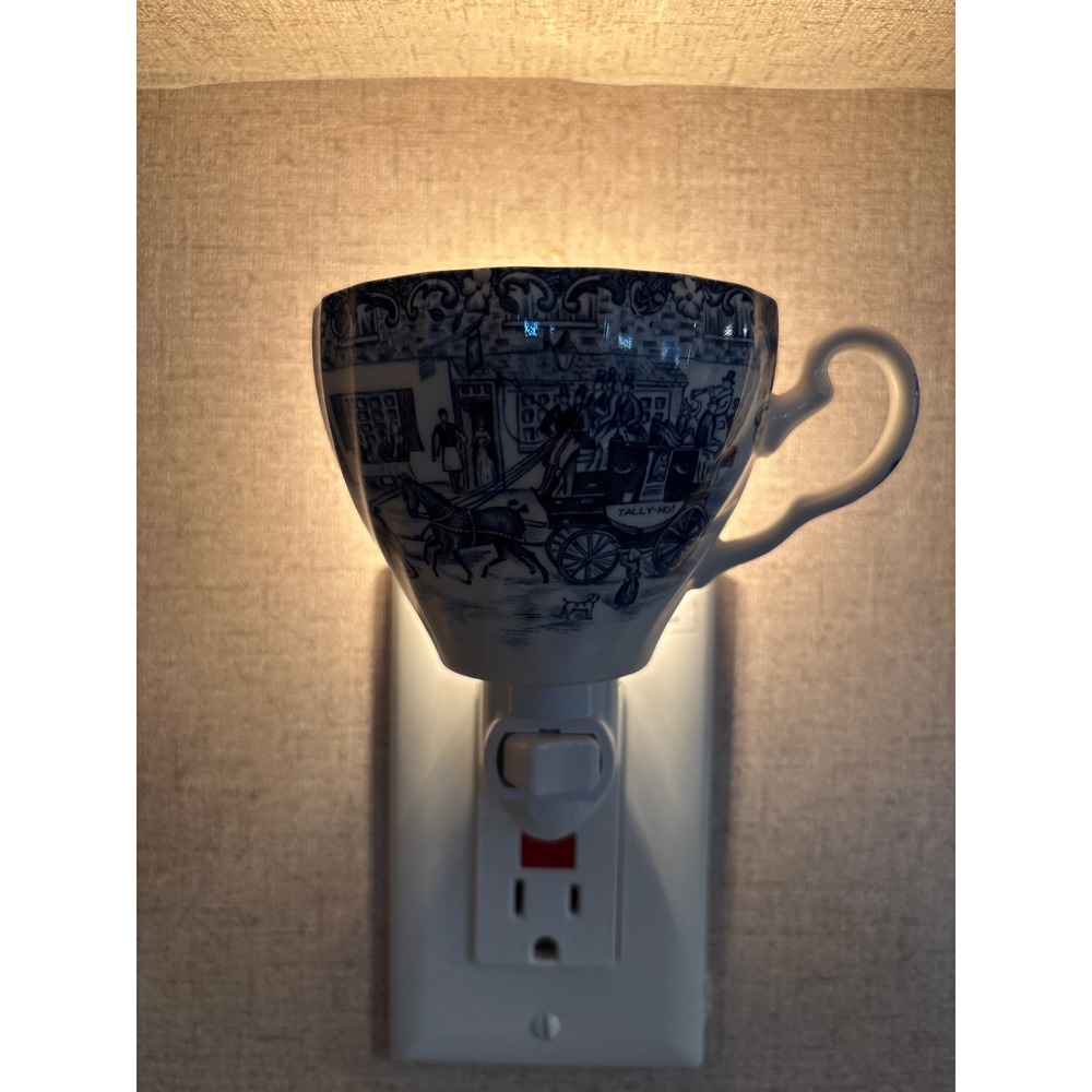 Handcrafted Blue White Transferware Teacup Night Light Tally Ho Carriage Scene